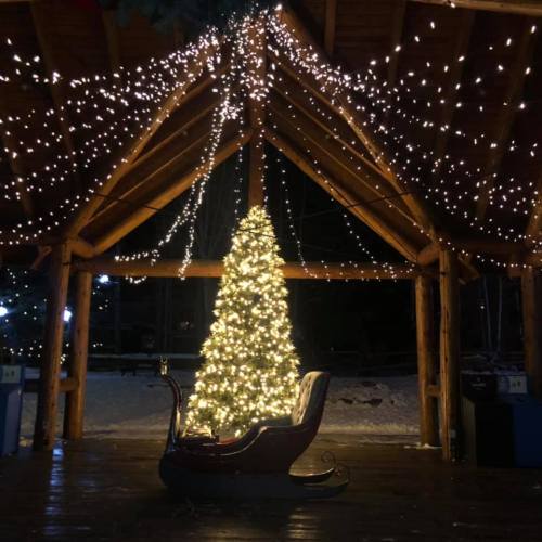 A cozy pavilion decorated with twinkling lights and a Christmas tree, featuring a sleigh in the foreground.