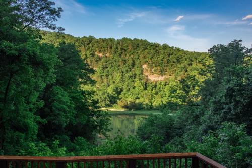 Lush green trees surround a calm lake, with a backdrop of rolling hills under a clear blue sky.