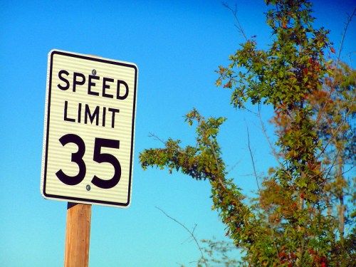 A speed limit sign displaying "SPEED LIMIT 35" against a clear blue sky and a tree in the background.