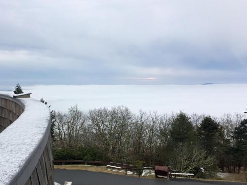 A cloudy sky above a sea of fog, with trees in the foreground and a curved railing in the image.