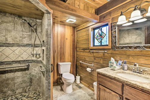 A rustic bathroom featuring a shower, toilet, wooden walls, and a granite countertop with a mirror and lighting.