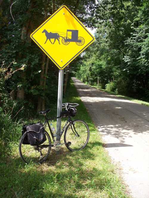 A bicycle rests beside a yellow sign warning of horse-drawn carriages on a tree-lined path.