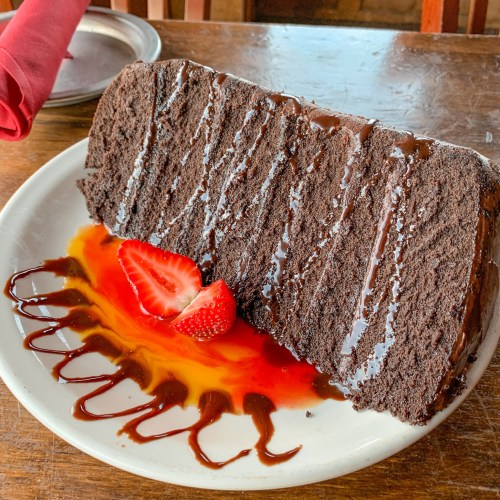 A large slice of chocolate cake drizzled with chocolate sauce, served with a strawberry on a white plate.
