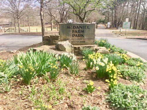 Sign for McDaniel Farm Park at the South Gate, surrounded by blooming flowers and trees in a park setting.