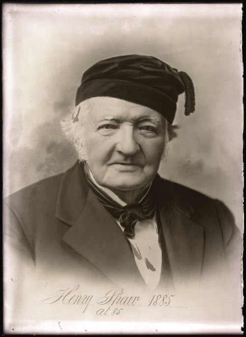 Black and white portrait of an elderly man wearing a hat, with the inscription "Henry Shaw 1885 at 83."
