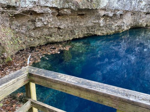 A wooden railing overlooks a deep blue water body surrounded by rocky cliffs and fallen leaves.