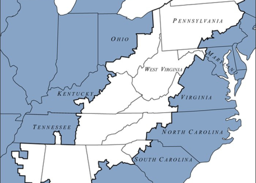 Map of the eastern United States highlighting states in blue, including West Virginia, Virginia, and Pennsylvania.