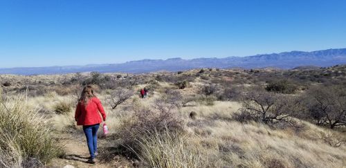 A person in a red jacket walks along a trail in a desert landscape with mountains in the background.