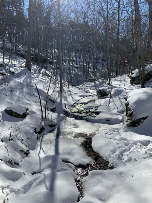A snowy landscape with a small stream flowing through, surrounded by bare trees and rocky terrain.