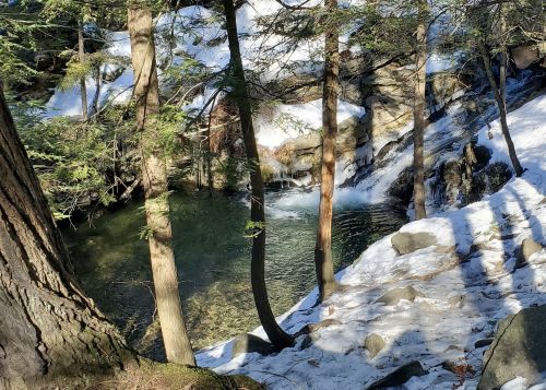 A serene winter scene featuring a clear stream surrounded by snow-covered rocks and trees.