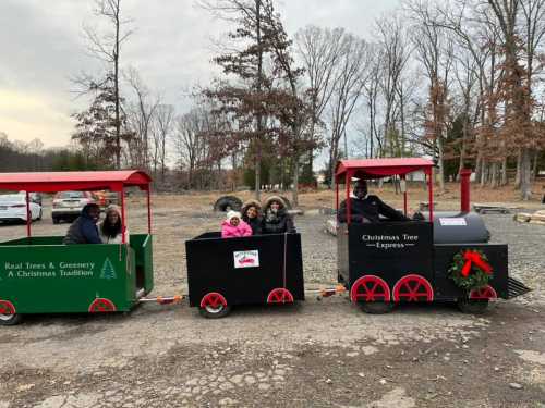 A festive train with families enjoying a ride through a wooded area, decorated for the Christmas season.