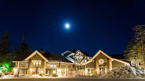 A cozy lodge illuminated at night under a bright moon, surrounded by snow and trees.