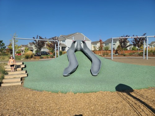 A playground with a large, gray slide shaped like a hill, surrounded by grassy areas and houses in the background.