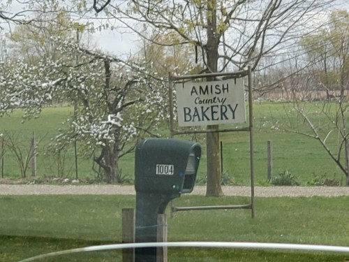 Sign for "Amish Country Bakery" with a mailbox in front, set against a green field and trees.