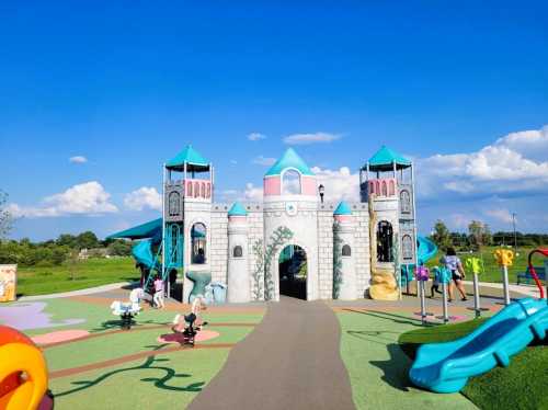 Colorful playground featuring a castle structure, slides, and play equipment under a clear blue sky.