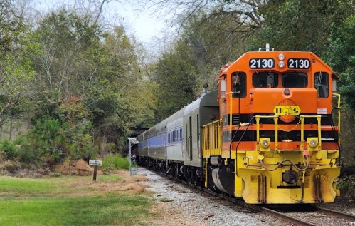 A colorful train with an orange and yellow engine is parked on a gravel track surrounded by trees.