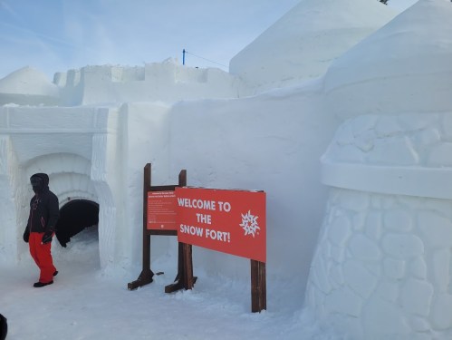 A person in winter attire stands near a large snow fort with a sign that reads "Welcome to the Snow Fort."
