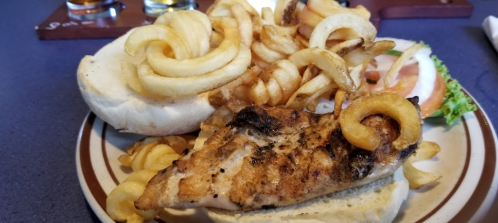 Grilled chicken sandwich on a bun, topped with curly fries, lettuce, and tomato on a plate.