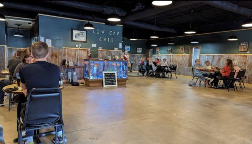 A cozy café interior with patrons seated at tables, wooden accents, and a display case in the center.
