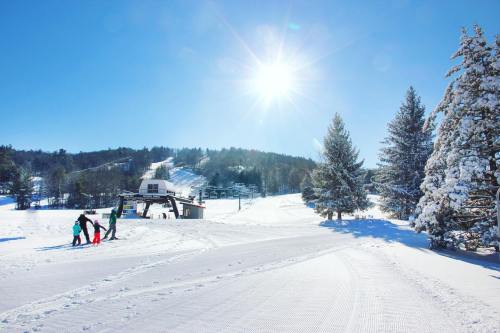 Two skiers walk on a snowy slope under a bright sun, with trees and a ski lift in the background.