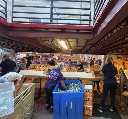 Volunteers sorting food in a warehouse, with boxes and bins organized for distribution.