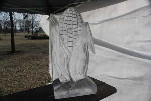 A carved ice sculpture resembling a corn cob, set against a white backdrop with a grassy area in the background.