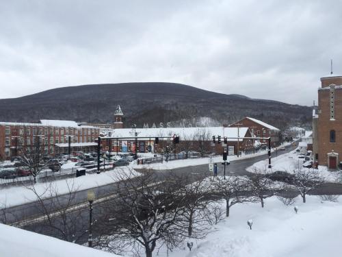 Snow-covered town with buildings and a mountain in the background under a cloudy sky.