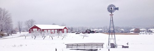 A snowy landscape featuring a red barn, a windmill, and a wooden bridge over a frozen pond.