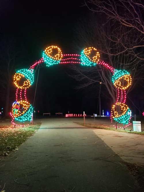 Colorful holiday lights form a festive archway over a pathway in a dark park setting.