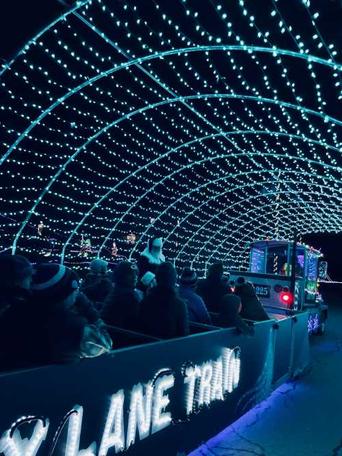 A festive light tunnel with blue lights, a tram filled with people, and holiday decorations in the background.