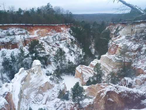 A snowy canyon landscape with steep, rocky cliffs and scattered pine trees under a cloudy sky.