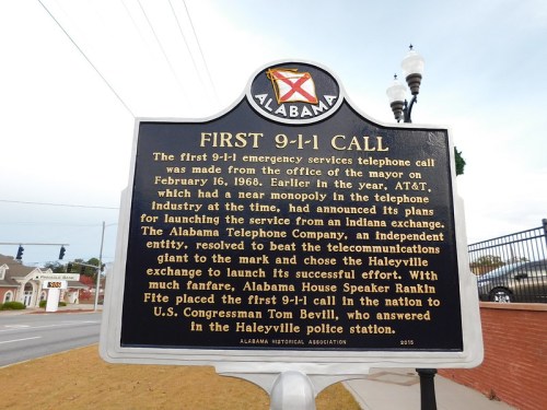Historical marker about Alabama's first 9-1-1 call made on February 16, 1968, detailing its significance and background.