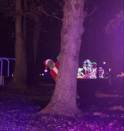 A whimsical scene featuring the Grinch peeking from behind a tree, surrounded by colorful holiday lights.