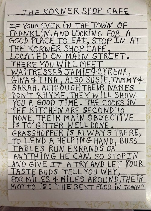 A handwritten note about The Korner Shop Cafe in Franklin, highlighting its staff and inviting customers to visit.