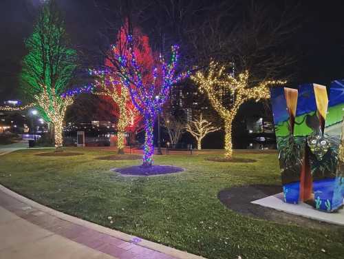 Colorful trees adorned with holiday lights in a park at night, with a vibrant art installation nearby.