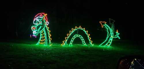 A colorful light display of a dragon wearing a Santa hat, with festive decorations in a dark, rainy setting.