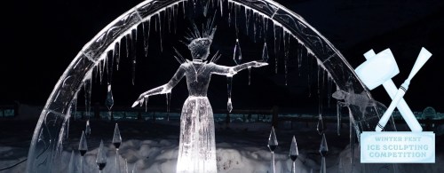 A stunning ice sculpture of a figure with icicles, framed by an arch, promoting a winter ice sculpting competition.