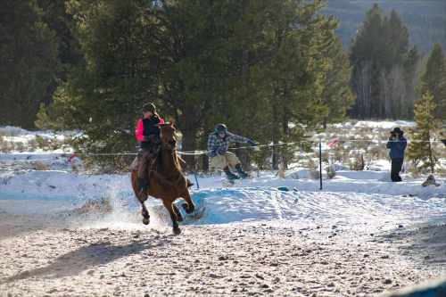 A rider on a horse races through snow, while a person snowboards nearby and others watch in the background.
