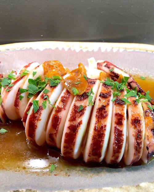 Grilled squid sliced and garnished with herbs, served on a plate with a rich sauce.