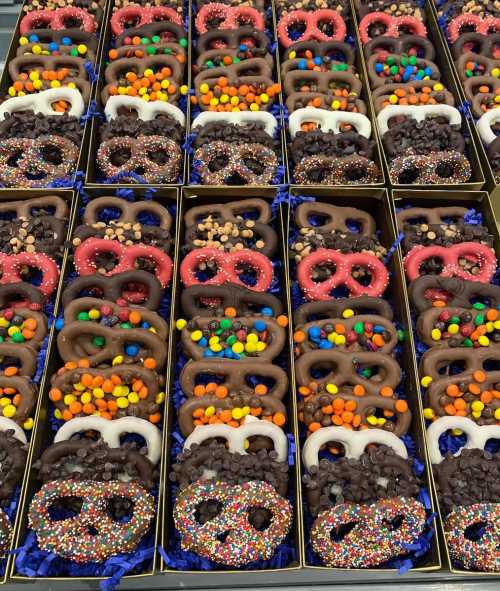 A colorful assortment of chocolate-covered pretzels topped with sprinkles and candies, neatly arranged in boxes.