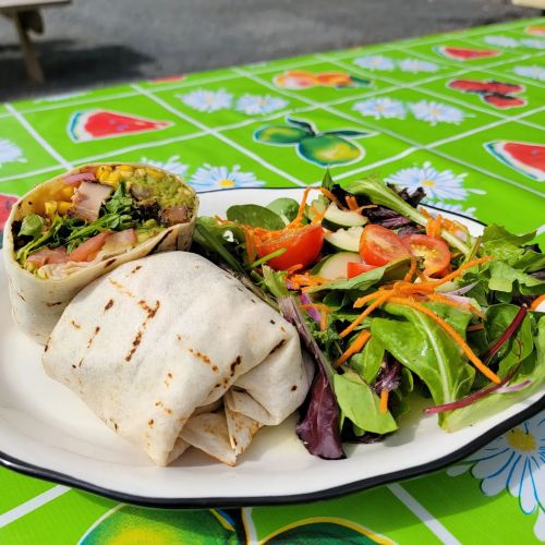 A plate with a wrap filled with vegetables and a side salad, set on a colorful tablecloth.