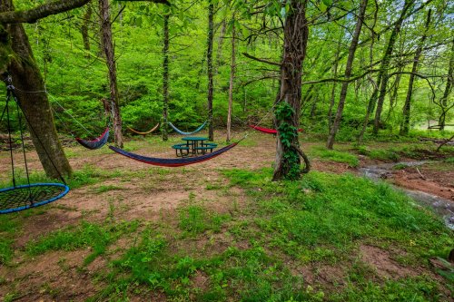 A serene forest scene with colorful hammocks and a picnic table surrounded by lush green trees and a small stream.