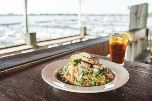 A plate of grilled fish with lemon on a bed of noodles, alongside a glass of iced tea with a lemon slice.