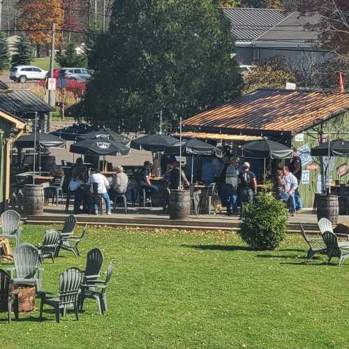 Outdoor gathering at a venue with people seated under umbrellas, surrounded by trees and rustic decor.