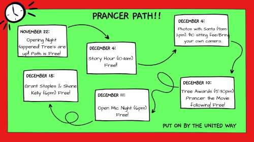 Colorful event schedule for "Prancer Path" with dates and activities, including photos with Santa and story hour.