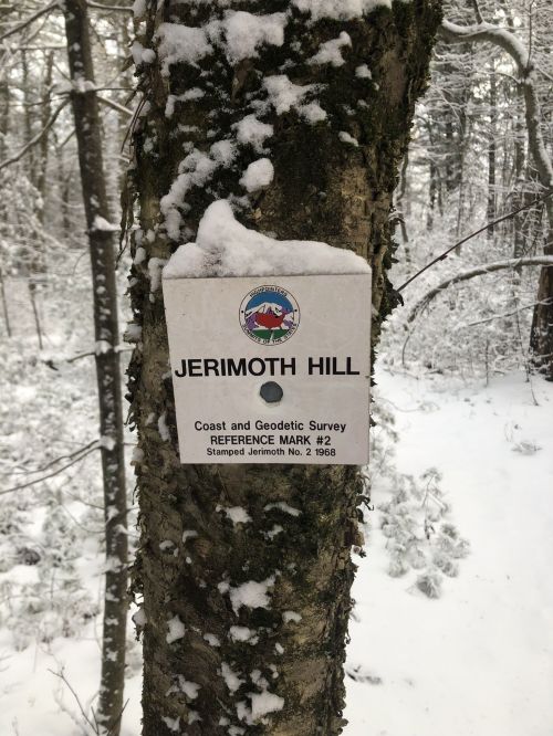 A snowy tree with a sign reading "Jerimoth Hill, Coast and Geodetic Survey, Reference Mark #2, Stamped Jerimoth No. 2 1968."