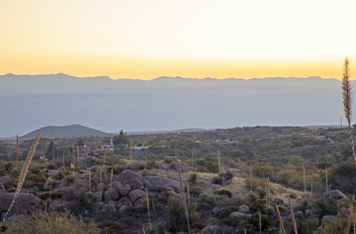 A serene landscape at sunset, featuring mountains in the distance and rocky terrain with tall grasses in the foreground.