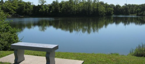 A serene lake view with a stone bench in the foreground, surrounded by lush greenery and calm water reflections.