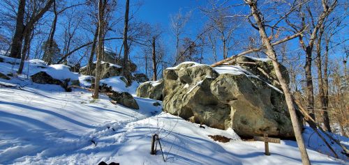 Snow-covered rocks and trees under a clear blue sky, with a trail leading through the winter landscape.