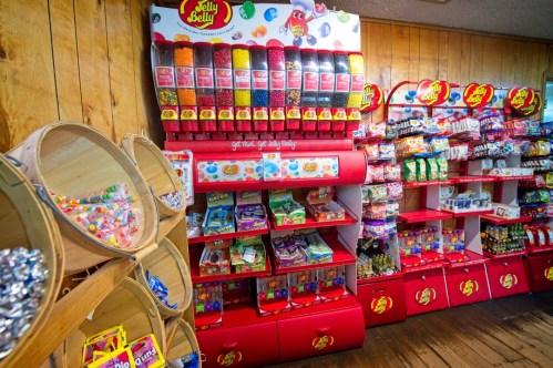 A colorful display of Jelly Belly candies in jars and assorted sweets on shelves against a wooden wall.
